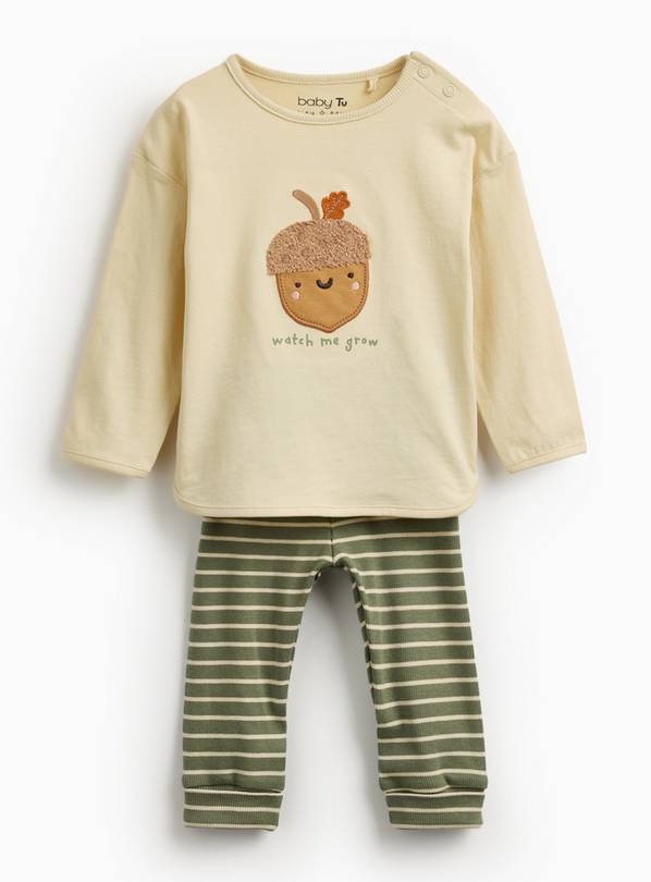 Acorn Embroidered Top & Khaki Striped Ribbed Leggings Up to 3 mths